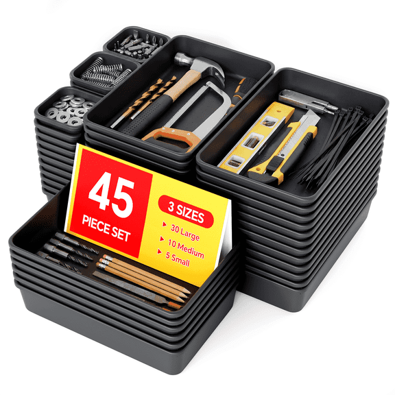 HAIDAIYA 45 Pack Plastic Drawer Organizer Trays, 3-Sizes Vanity and Desk Storage Bins, tool box Organizers for Makeup, Jewelry, Gadgets, Utensils, Black