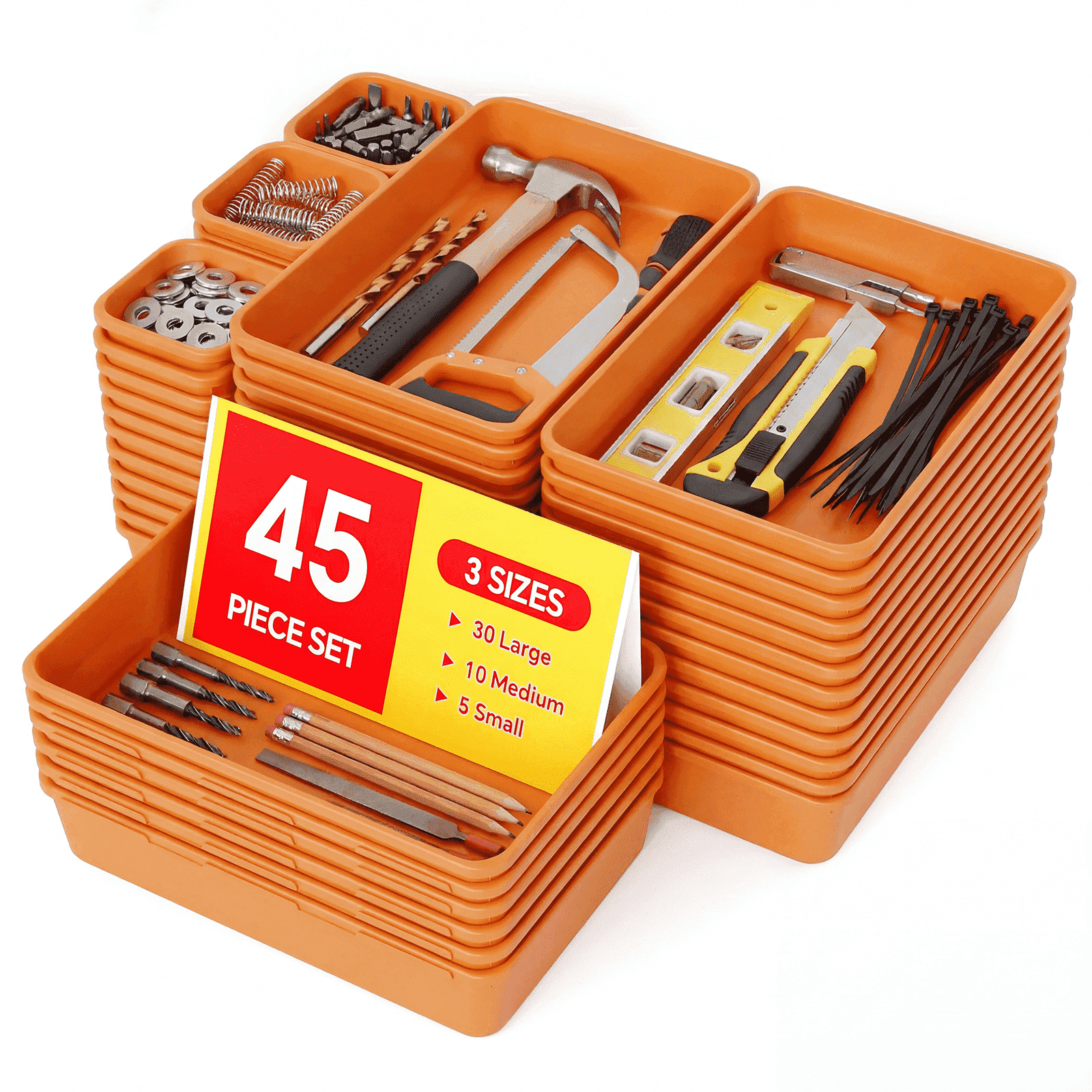 HAIDAIYA 45 Pack Plastic Drawer Organizer Trays, 3-Sizes Vanity and Desk Storage Bins, tool box Organizers for Makeup, Jewelry, Gadgets, Utensils, Orange