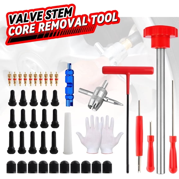 Lafati 45 PCS Valve Stem Core Removal Replacement Tool Kit, Tire Valve Stem Removal Tool and TR412, TR413, TR414 Tire Snap in Short Rubber Valve Stem, 4 Way Valve Core Remover