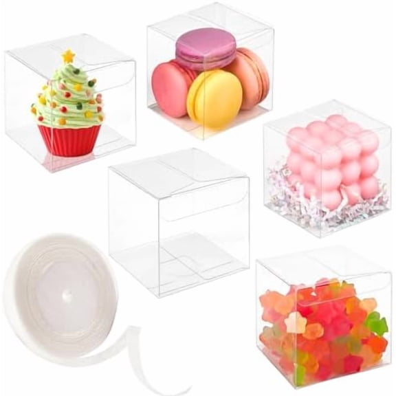 45 Pack 3x3x3 Inches Clear Favor Boxes with Ribbons, Transparent Plastic Cube Treat Boxes for Candy Goodie Gift, Small Individual Hot Cocoa Bomb Packaging Box