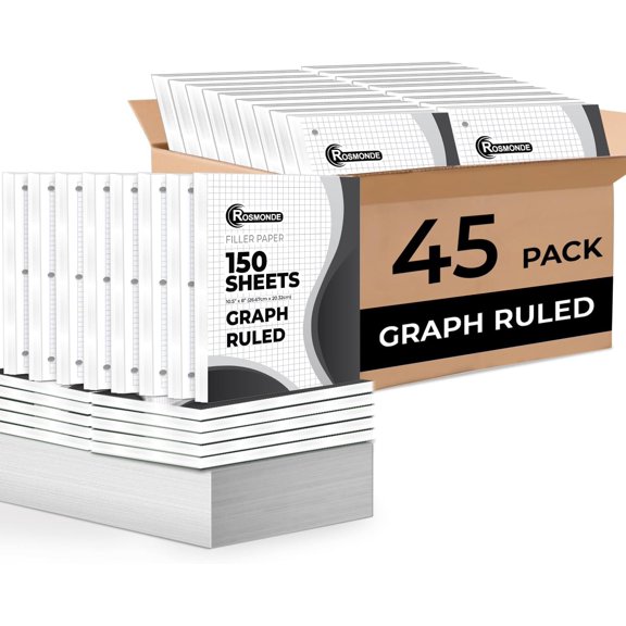 45 Pack, 6750 Sheets Graph Paper Bulk, 4x4, 8" x 10.5", Bulk Loose Leaf Paper, Bulk Grid Paper, Thick Graphing Paper, Fights Ink Bleed, 3 Hole Punched, Quad Ruled Sheets
