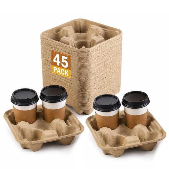45 Pack Disposable 4-Cup Drink Carrier Trays, Molded Pulp Fiber Cup Holders Fits 8–32 oz Cups for Takeout, Delivery, Restaurant & Catering Use