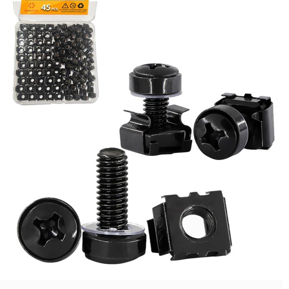 45-Pack M6 x 16mm Rack Mount Cage Nuts, Screws & Washers - Perfect for Server Cabinets, Shelves & Routers, Rack Mount Screws and Square Insert Nuts (Black)