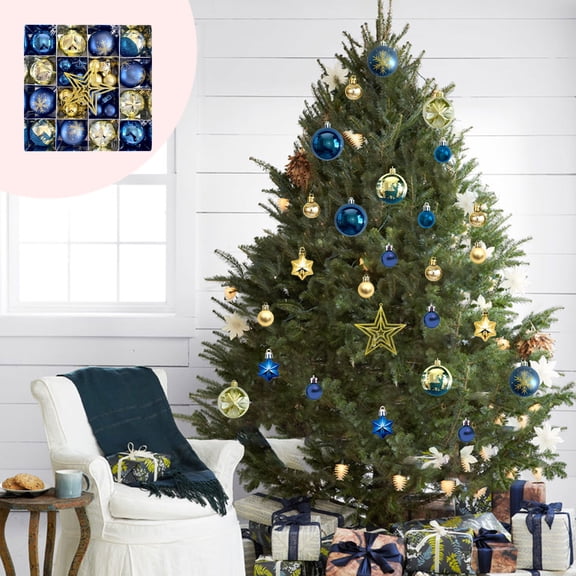 45 Pack Multi‑Shape Christmas Ball Ornaments, Blue Gold Plastic Hanging Baubles with Cap and Rope for Christmas Tree Wedding Party Home Holiday Decor