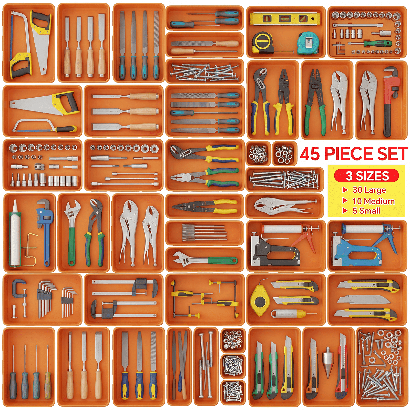 HAIDAIYA 45 Pack Drawer Organizer Trays Set, 3 Sizes Plastic Divider Storage Bins for Desk, Makeup, Tool Box, Jewelry (Orange)