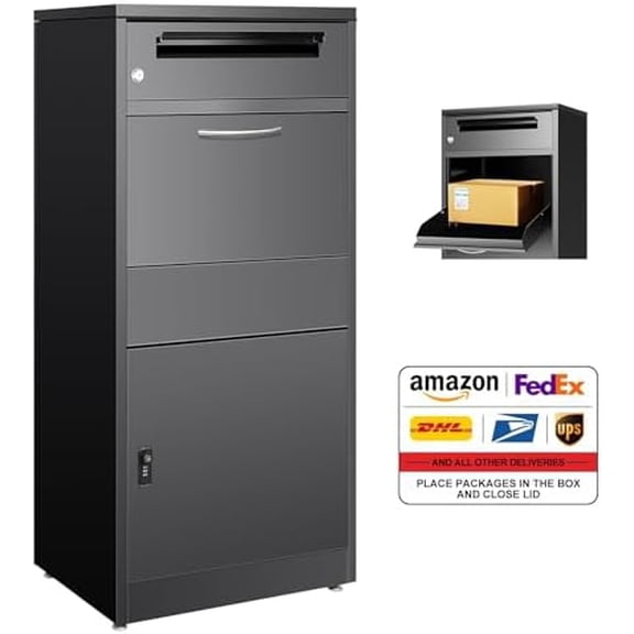 45" Package Delivery Box for Outside - Lockable Black Metal Parcel Drop Box, Anti-Theft, IPX4 Waterproof, Weather-Resistant Mailbox for Porch, Fence, Curbside (45.1" * 14.37 * 19.1)
