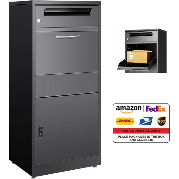 45" Package Delivery Box for Outside - Lockable Black Metal Parcel Drop Box, Anti-Theft, IPX4 Waterproof, Weather-Resistant Mailbox for Porch, Fence, Curbside (45.1" * 14.37 * 19.1)