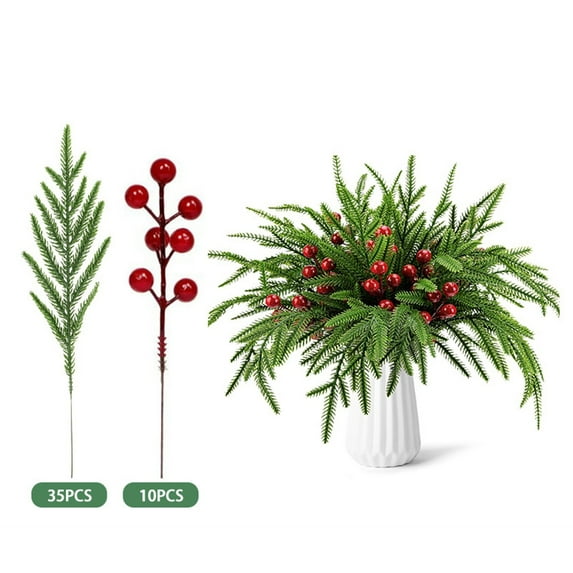 45 Pcs Artificial Christmas Greenery Stems, 10.5" Norfolk Pine Branches with Red Berries for DIY Wreaths, Garlands, and Centerpieces, Holiday Picks for Crafting and Home Decor