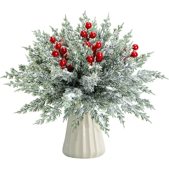 45 Pcs Artificial Christmas Snow Pine Branches with Red Berry Stems,Snowy Faux Greenery Norfolk Pine Cypress Leaves Stems, Berries White Frosted Fake Foliage Pines Needle Picks for Garland Home Decor