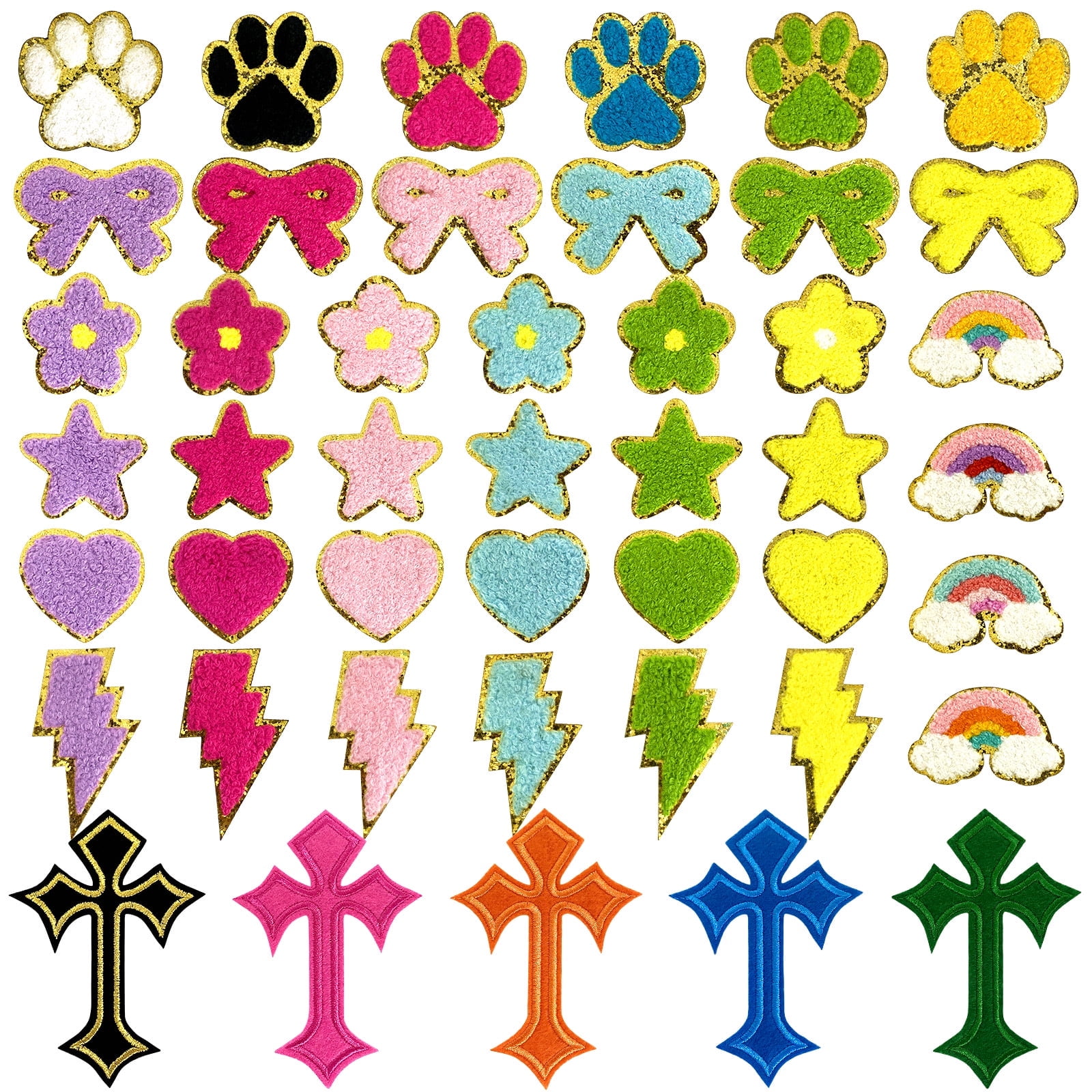 45 Pcs Chenille Iron-On Patches with Gold Edge - 9 Designs × 5 Colors (Stars Hearts Flowers Smileys Rainbows Cross Lightning Paw Prints Bows) for Hats Jackets Jeans DIY School Craft