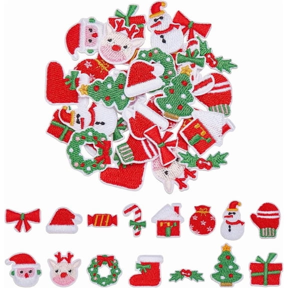 45 Pcs Christmas Iron on Patches Christmas Tree Snowman Candy Gift Box Santa Claus Embroidered Appliques for Clothing DIY Accessories Clothes Decoration Patches Colorful