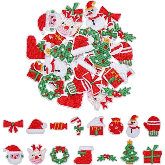 45 Pcs Christmas Iron on Patches Christmas Tree Snowman Candy Gift Box Santa Claus Embroidered Appliques