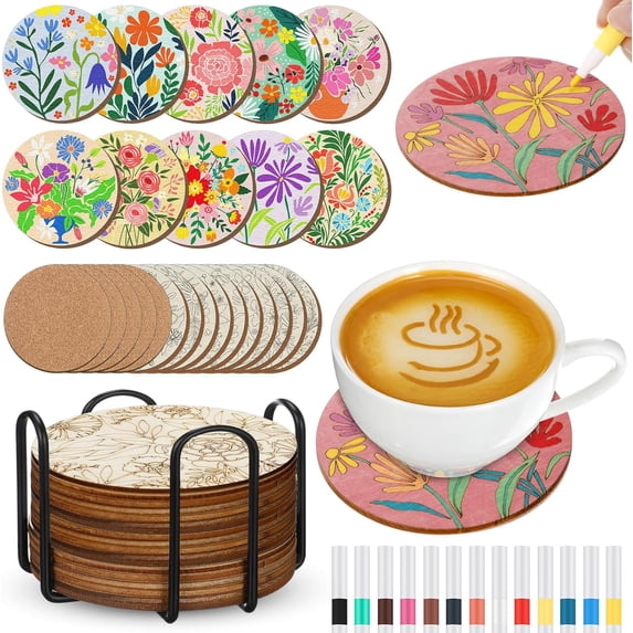 45 Pcs Flower Wooden Coasters Painting Kit, 4 Inch Paint Your Own Boho Coasters with Markers, Arts and Crafts for ults Women Seniors Elderly Crafters Gifts
