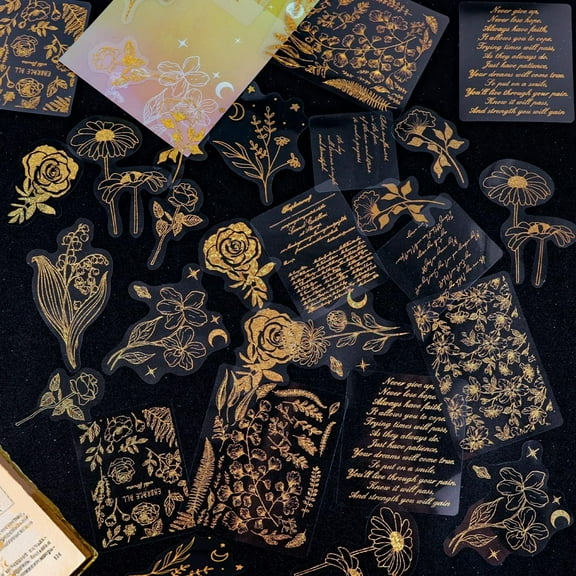 45 Pcs Gold Flower Holographic Sticker, Transparent Resin Stickers Craft Supplies, Scrapbook Stickers Aesthetic for Journaling Laptop Planners DIY Water Bottles Phone Case