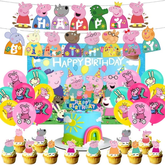 45 Pcs Peppa Pig Birthday Decorations, Cute Peppa Pig Party Decorations, Theme Party Supplies Include Backdrop, Banner, Balloons, Cake Cupcake Toppers for Boys and Girls Celebrations