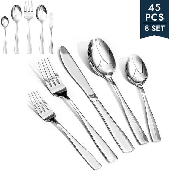 45 Pcs Silverware Set with Serving Set for 8, Stainless Steel Flatware Cutlery Set Contains 5 Pcs Serving Set