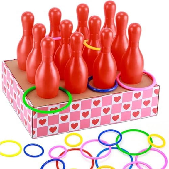 45 Pcs Valentine Bottle Toss Game Bowling Set Galentines Day Ring Toss Games Pink Red Hearts Box 12 Plastic Bowling Pins 32 Throw Rings for Holiday Party Backyard Outdoor Activity Carnival Game