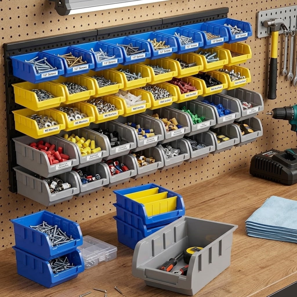 45 Pcs Wall Mount Storage Bins, Hardware Organizer Rack for Tools, Screws, Nuts & Bolts