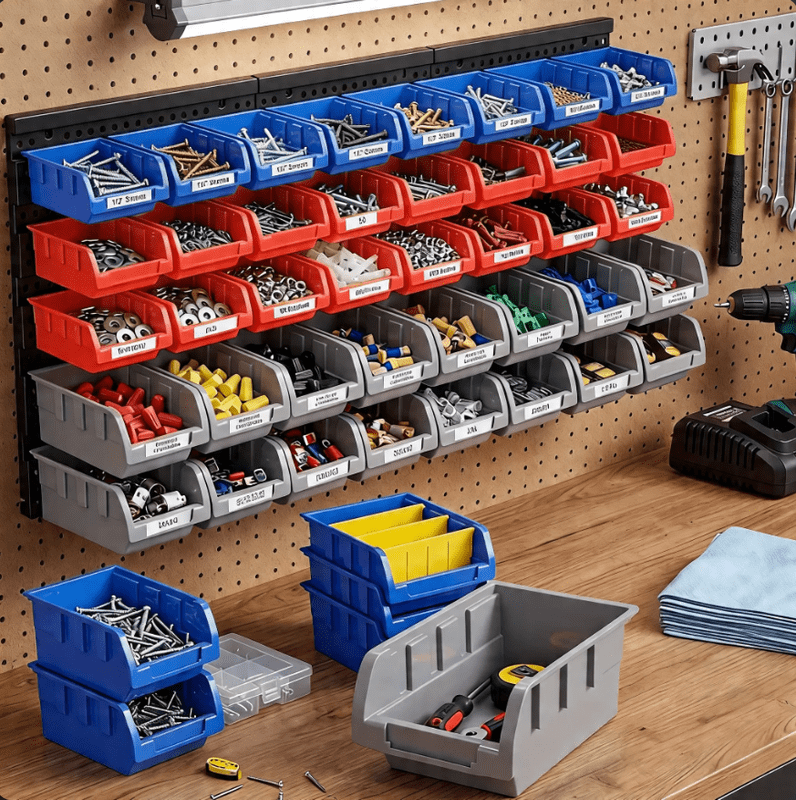 45 Pcs Wall Mount Storage Bins, Hardware Organizer Rack for Tools, Screws, Nuts & Bolts