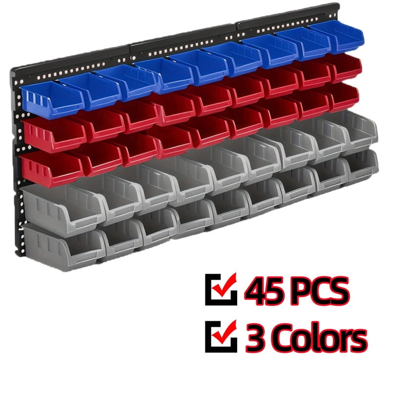 45 Pcs Wall Mounted Storage Bins with 3 Peg Boards Set, Garage Organizer Storage Shelf Unit