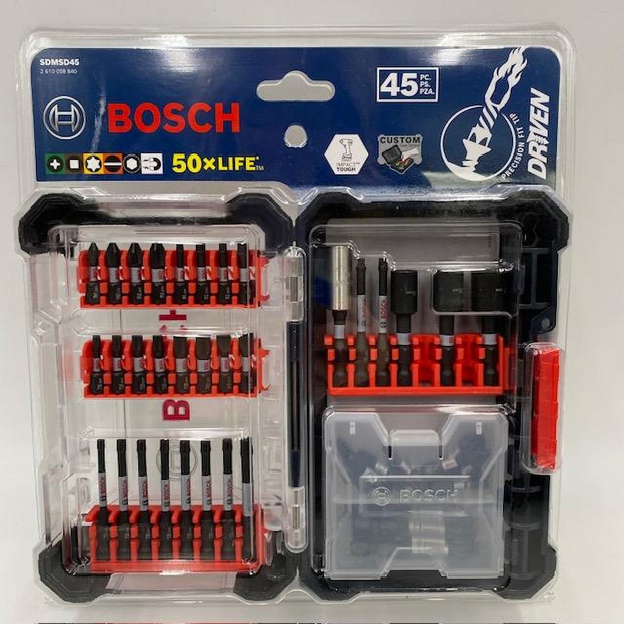 45-Piece BOSCH SDMSD45 Driven Impact Tough Screwdriving Custom Case Assorted Set