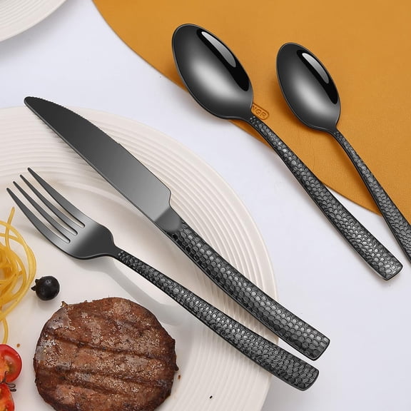 45-Piece Black Hammered Stainless Steel Silverware Set with Serving Utensils - Flatware for 8, Dishwasher Safe Kitchen Cutlery Collection