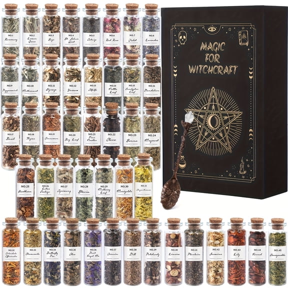 45 Piece Dried Herbs & Flowers Ritual Kit, Black Gift Box with Crystal Spoon for Wicca Pagan Altar Bath Home Decor