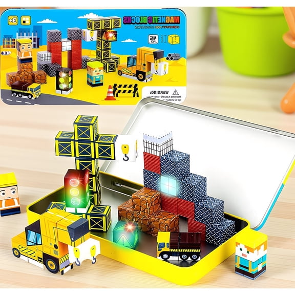 45-Piece Magnetic Blocks Building Set for , Mini Magnetic Cubes Travel with Portable Iron Storage Box, Construction Theme, Ages 3+