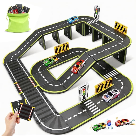 45-Piece Magnetic Tiles Road Building Set with Pullback Cars & Traffic Signs, STEM Toy for Kids Ages 4-8