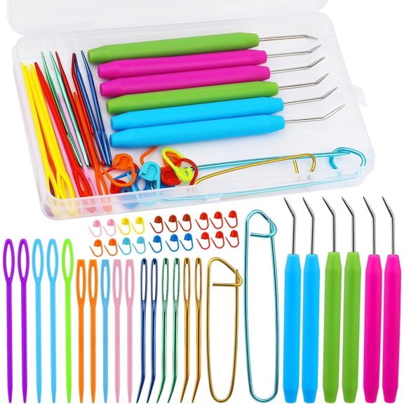 45 Pieces Knitting Loom Hooks Set, Colorful Large Eye Bent Tapestry Needles, Plastic Needles with Needle Markings for DIY Handicrafts