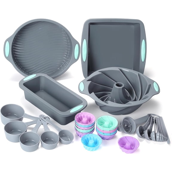 45 Pieces Silicone Bakeware Set, Heat Resistant Baking Pans, Nonstick Baking Molds for Cake, Bread and Cupcake, with Measuring Cups and Spoons Set, Light Grey