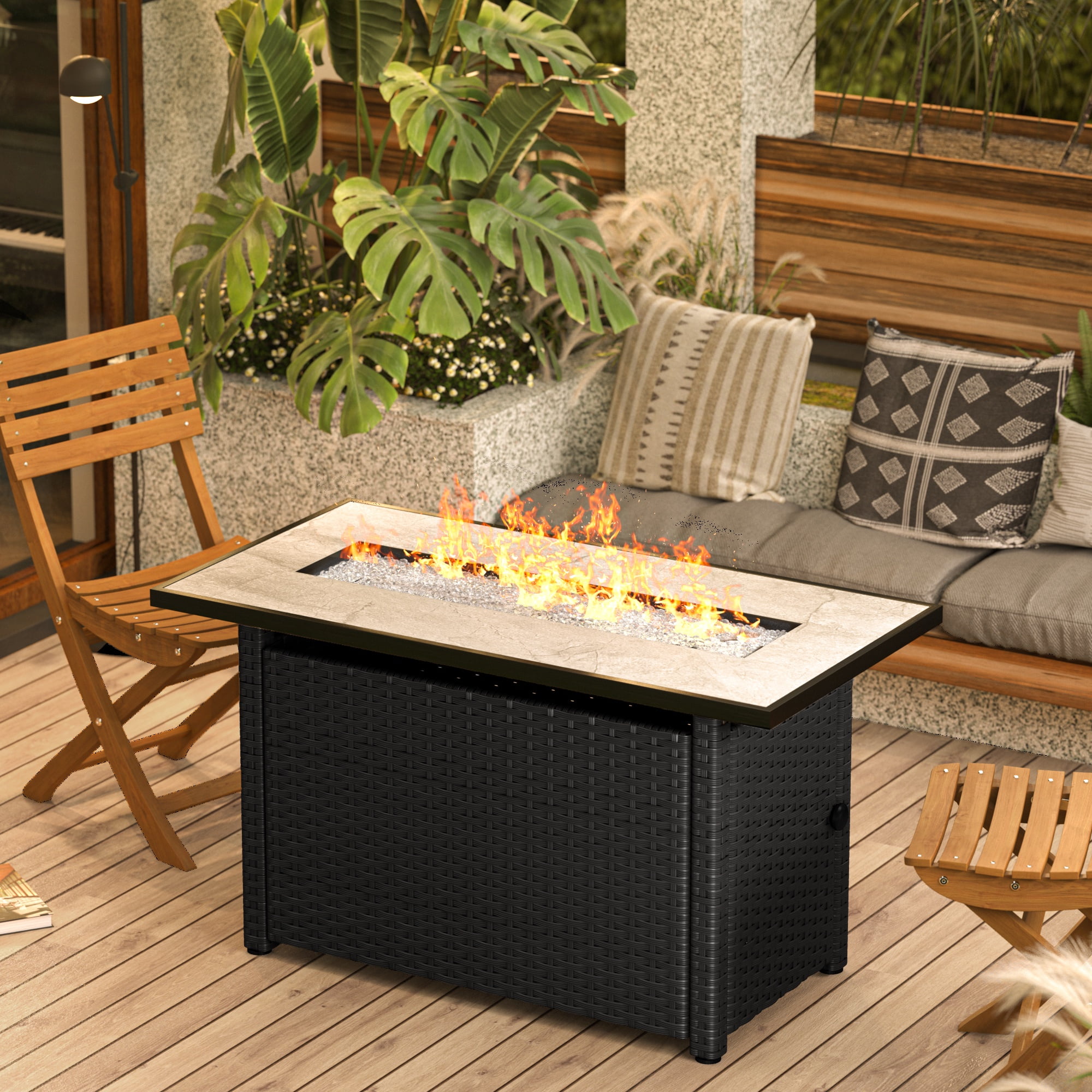 Black Rattan and Glass 45'' Propane Fire Pit Table