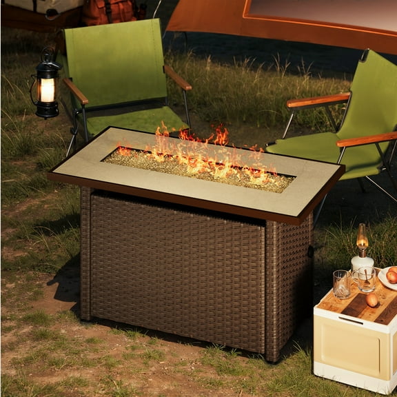 45" Rectangular Propane Fire Pit with Lid, 50,000 BTU Tabletop Fire Pit with Glass Rock, Waterproof Cover and PE Rattan, Brown