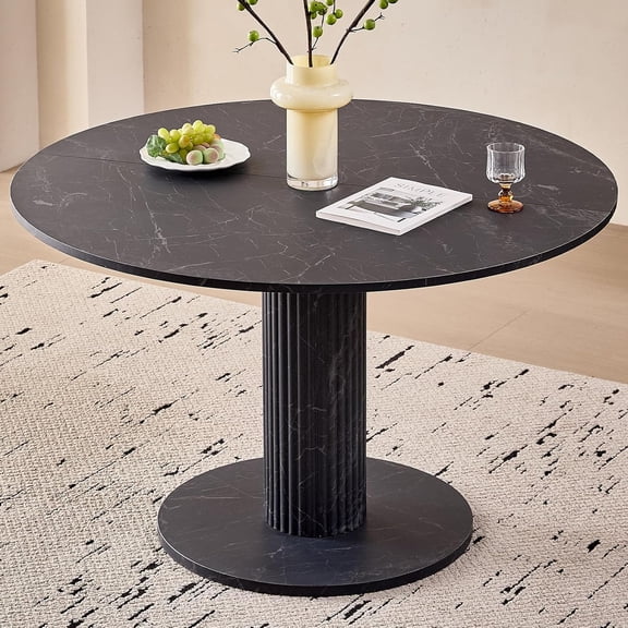 Hanyu 45" Round Dining Table for 4, [Cylinder Pedestal Base] [Stone-Patterned] Modern Circle Dinner Table for Kitchen Dining Living Room, Black Marble Patterned