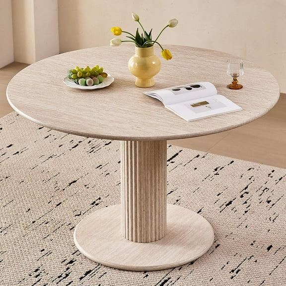 Hanyu 45" Round Dining Table for 4, [Cylinder Pedestal Base] [Stone-Patterned] Modern Circle Dinner Table for Kitchen Dining Living Room, Natual