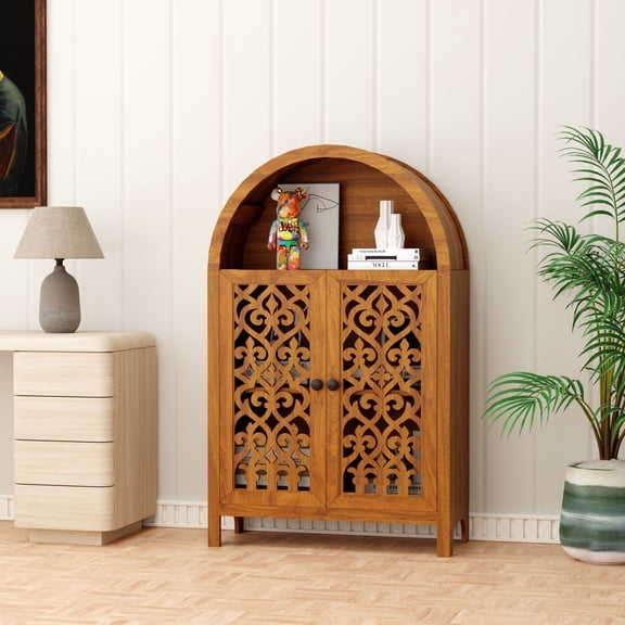 45" Small Arched Bookshelf, 3-Tier Freestanding Hand-Carved Arched Cabinet with Open Shelf & 2 Doors for Living Room, Bedroom