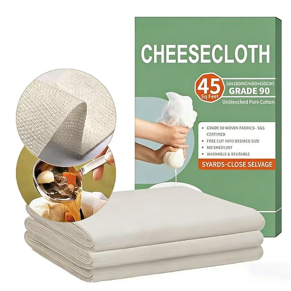 45 Sq Ft Cheese Cloth, Grade 90, Reusable Unbleached Cotton Cheesecloth with Closed Edges, Fine Mesh Muslin Fabric for Cooking, Baking, Straining Milk & Crafts, 5 Yards