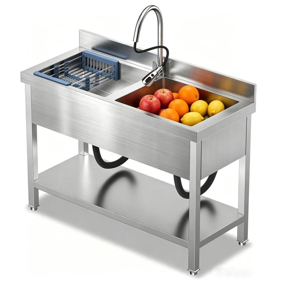 45" Stainless Steel Commercial Sink 2 Bowl Freestanding Kitchen Sink with Pull-out Faucet, Large Utility Sink for Kitchen, Dishwashing, Thawing, Laundry Room, Garage, Outdoor