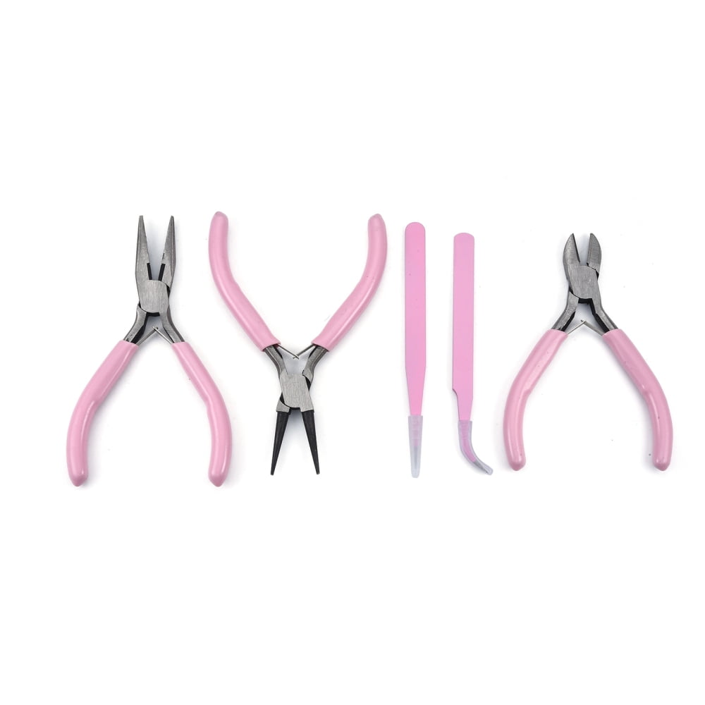 45# Steel Pliers & Tweezers Set with Plastic Handles including Side Cutter Pliers Round Nose Plier Needle Nose Wire Cutter Plier