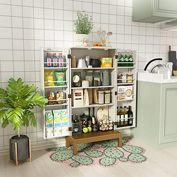 45'' Storage Cabinet with Doors and Adjustable Shelves,Food Pantry Cabinet for Kitchen,Dining Room,Living Room and Garage,Gold Lines and Legs, White.