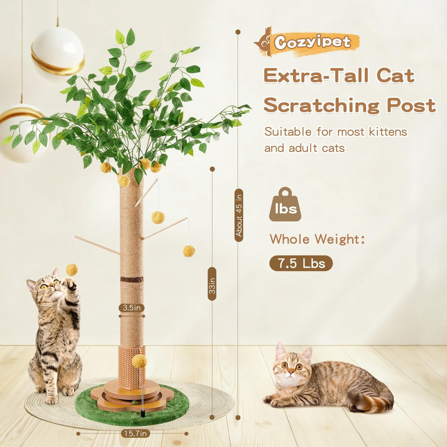 45 Tall  Scratching Post with Sisal Rope for Indoor Cats Adults Kittens,  Tree Scratcher with Hanging Balls,  Groomer, Track Balls