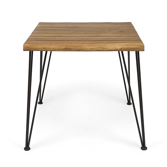 45" Teak Finish Acacia Wood Round Outdoor Dining Table with Black Metal Legs