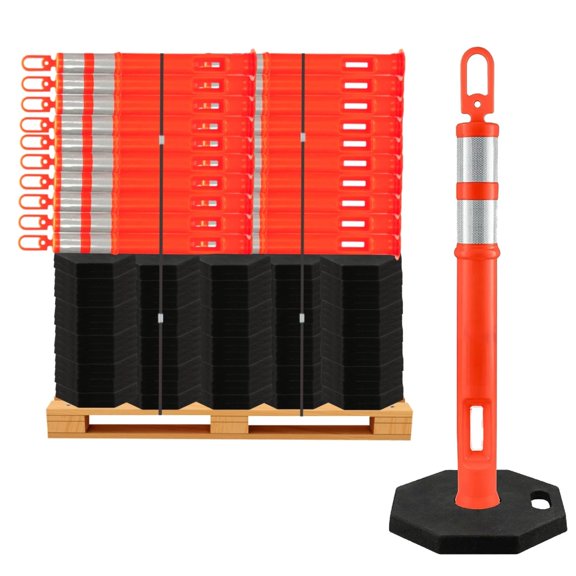 45" Traffic Safety Delineator Post and Base Kit - 3M Reflective Collars - Orange - 8LBS Base - 200PC - Bulk Pallet