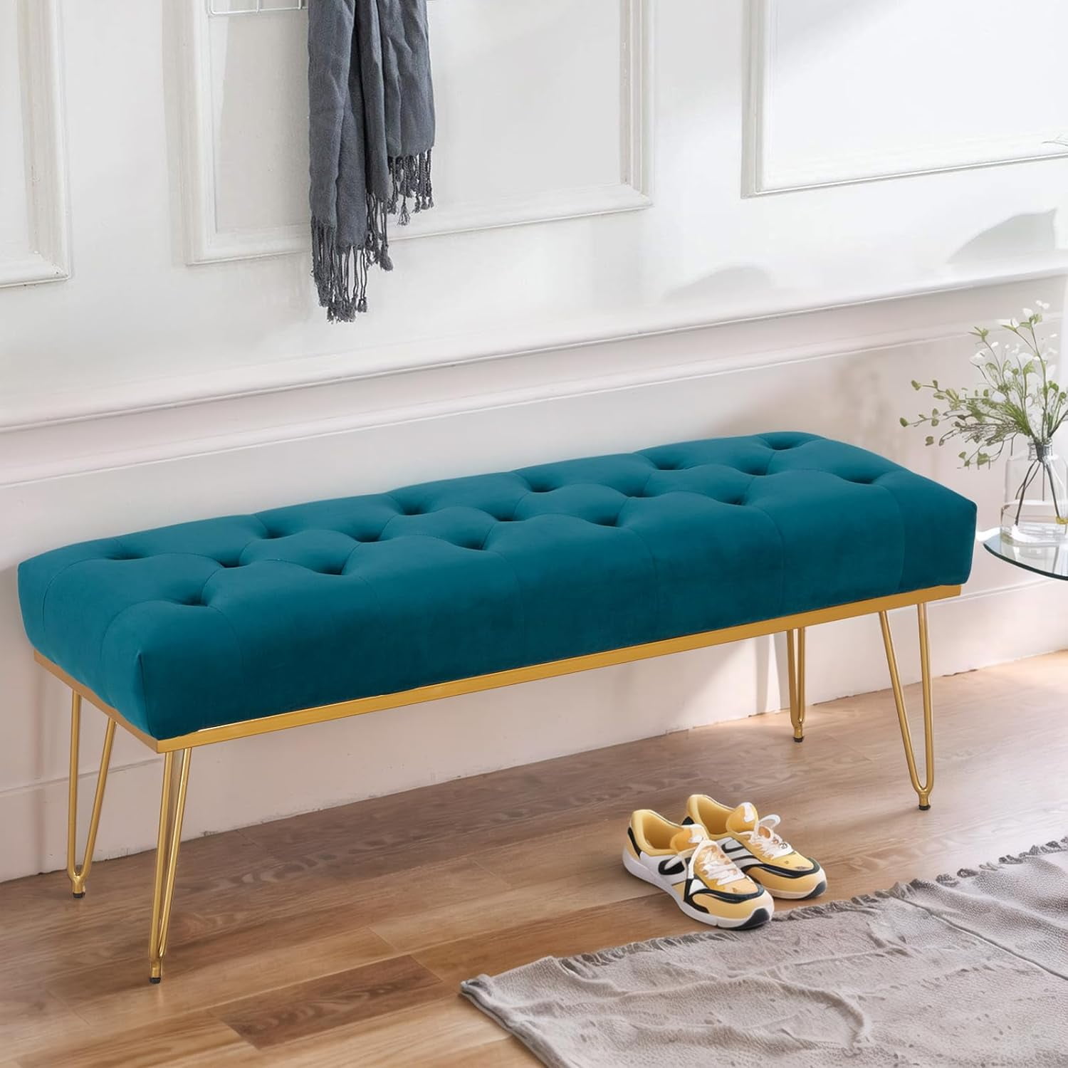 45" Velvet Bedroom Bench, Tufted Upholstered End of Bed Bench, Indoor