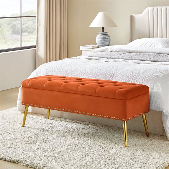 Tina's Home 45" Velvet Storage Bench Upholstered Tufted End of Bed Ivory Bench Bedroom Entryway Orange
