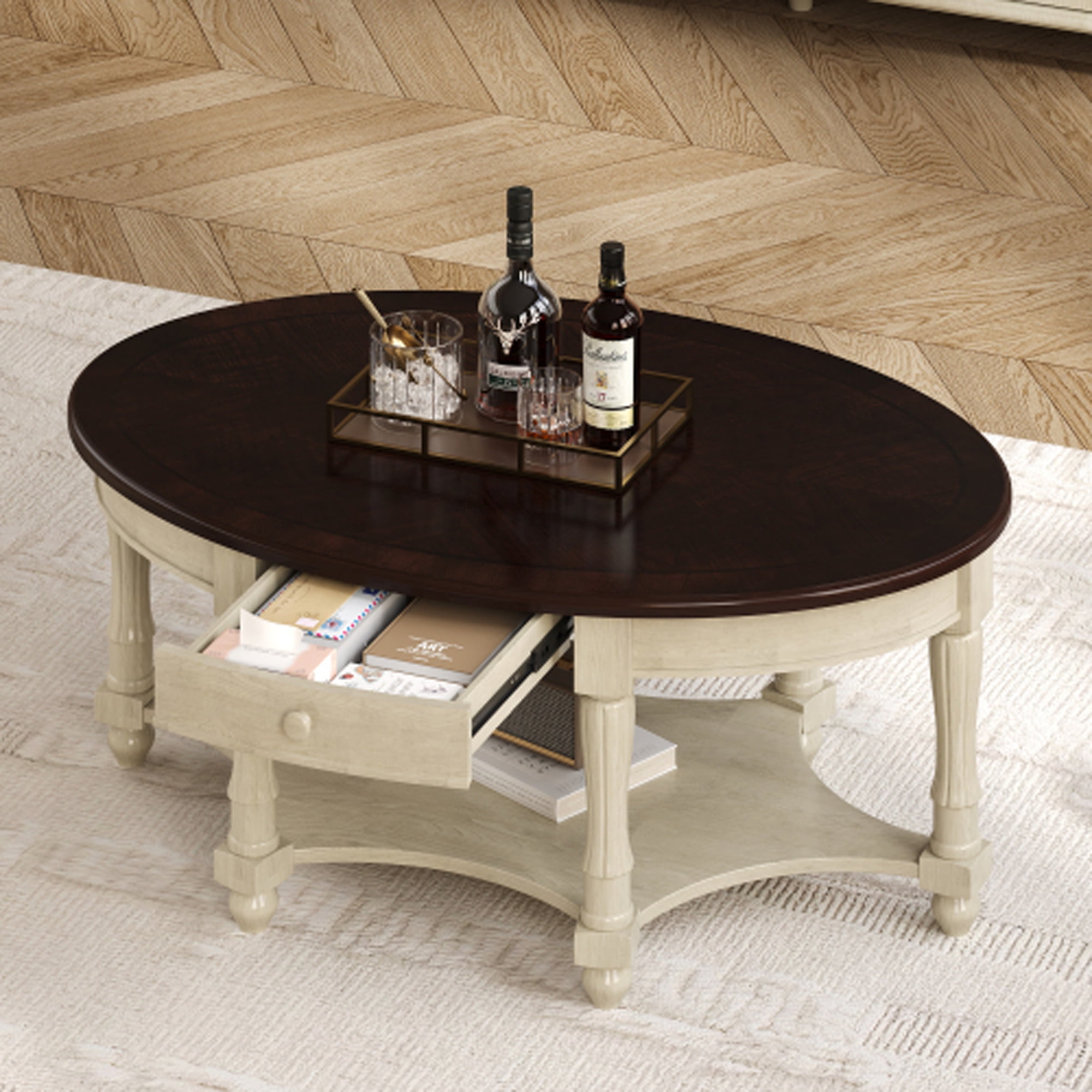 45" Vintage Oval Coffee Table, Antique Cocktail Table with Drawer and — free download