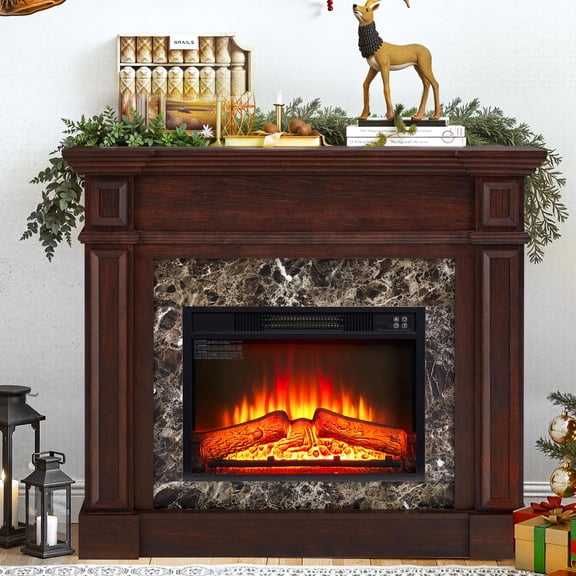 45''W Electric Fireplace with Mantel, Freestanding Fireplace Heater with Remote Control & Adjustable Flame, Fireplace TV Stand for 42'' TV, Electric Fireplace Heater for Living Room Bedroom, Cherry