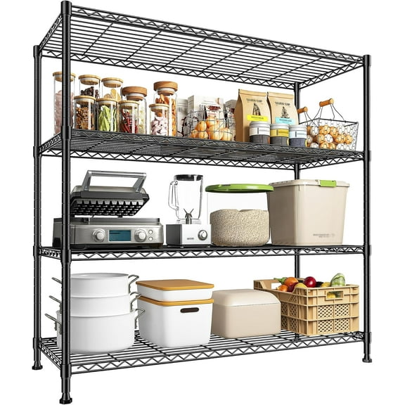 45 "W Metal Shelving Unit 4 Tier Storage Shelves Adjustable Wire Shelving Metal Shelf Pantry Shelves Wire Rack Commercial Shelving for Kitchen Pantry Utility Room Garage 45 "W x 59.4 "Hx 13.5" D Bla