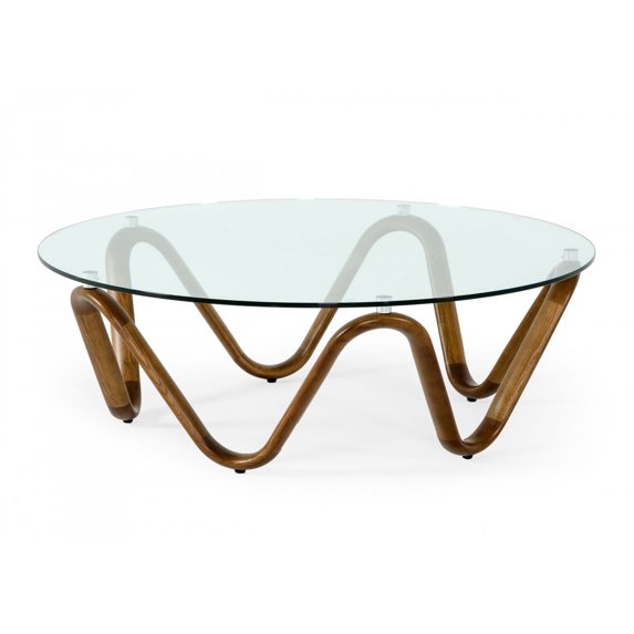 45" Walnut And Clear Glass Abstract Wood Round Coffee Table
