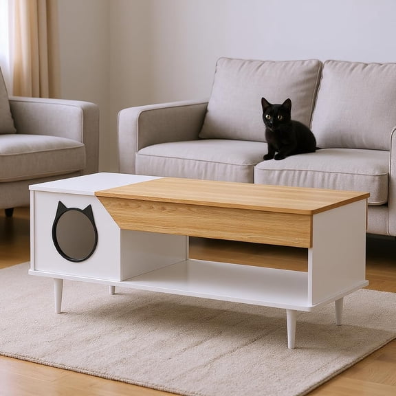 45 in White Coffee Table Cat Tables Living Room with Storage Drawer, Wooden Rustic Coffee Tables with Cat House, Hidden Kitty Food Table Litter Box Furniture Wood Color